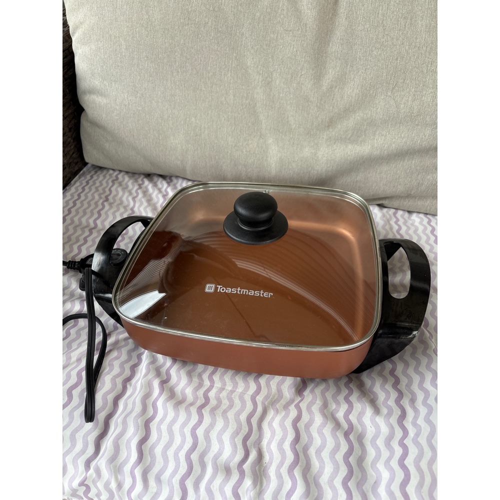 Toastmaster Electric Skillet 10 In Square Copper Non-Stick with Glass Lid WORKS